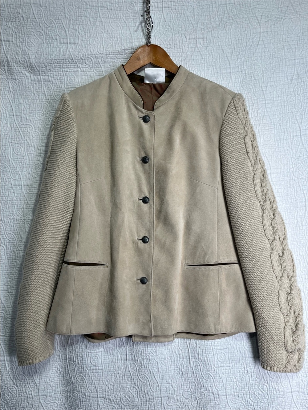 Meindl Suade Leather Jacket Womens 38 Cable Knit Wool Sleeves Lined German Coat
